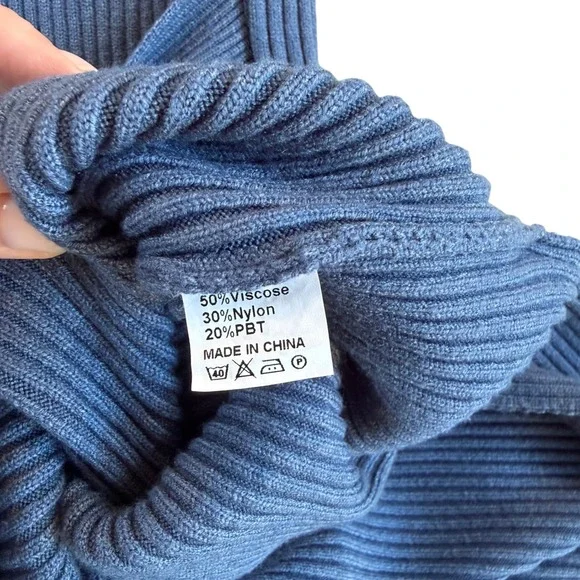 Anrabess Blue Ribbed Knit Tie Waist Midi Sweater Dress Long Sleeve Large - Picture 3 of 3